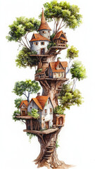 Illustration treehouse painted in realistic boho style, whimsical charm