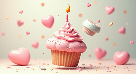 birthday cupcake with candle and confetti