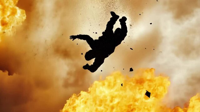 Stunt performer propelled through the air by an explosion during an action sequence, Explosion sending stunt man flying through the air in slow motion