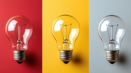 Three lightbulbs against contrasting colored backgrounds symbolize innovation and creative ideas, each representing different perspectives and potential.
