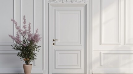 Fototapeta premium A white Apartment door with beautiful decorative trim on the top, front view, against a White wall background, product photography. There is a flower pot decoration next to the door