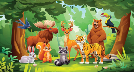Cheerful jungle with various animals like tiger, bear, deer, rabbit, and raccoon. Vector cartoon illustration
