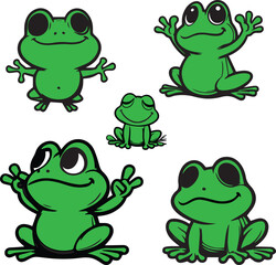 silhouette set of outline of cartonic frog,cartoon frog silhouette vector, black and white frog illustration, frog outline drawing set, frog poses clipart