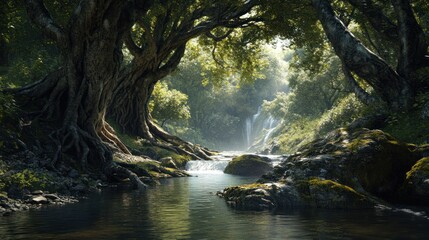 Enchanting river landscape with ancient trees, mossy rocks, and tranquil water flow