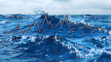 Turbulent Market: An abstract visualization depicts a financial chart overlayed on a dynamic sea, with waves crashing, symbolizing the volatility and unpredictable nature of the market.