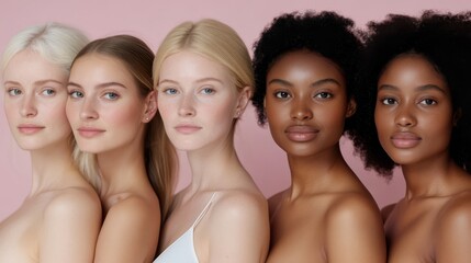 Fototapeta premium Five women, each with unique features, stand close against a pink backdrop, celebrating diversity and natural beauty.