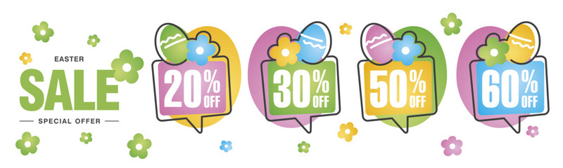 Spring Easter Sale special offer 20 30 50 60 20% 30% 50% 60% percent off colorful flower and Easter eggs negative space discount numbers stickers white background