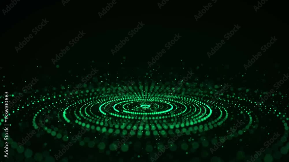 Poster futuristic circular flow of green particles. digital twinkle circle plane in cyberspace. network con
