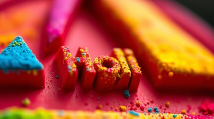 "Vibrant Holi Powder Typography – Colorful Festival Celebration in Macro Detail"