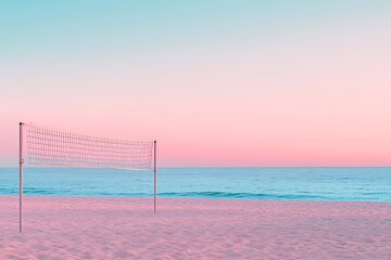 Beach volleyball net on pink sand at sunset with pastel sky and turquoise ocean
