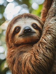 Fototapeta premium Enchanting Sloth Portrait: A Glimpse into the Slow-Paced World of Tropical Wildlife, Hanging on a Tree Branch in its Natural Habitat