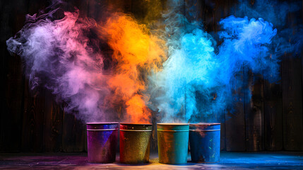 Vibrant Color Explosion: An artful display of multicolored powder erupting from four paint buckets, creating a dynamic and energetic spectacle with artistic flair.