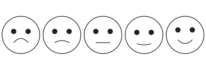 Rating emoji set with stars in stroke style for customer feedback and product experience. Five-star rating emoji icon set. Emoji feedback scale with stars line icon. 