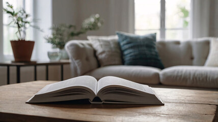 Cozy Reading Nook: Open Book on Rustic Wooden Coffee Table with Modern Living Room Setting.