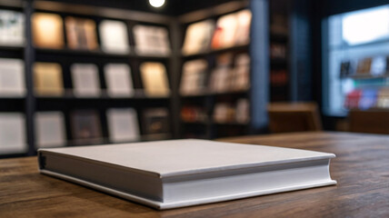 Library Elegance: Closed White Book on Wooden Table with Bookshelf Background.