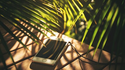 Smartphone Among Lush Green Leaves with Sunlight Creating Shadows