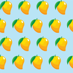 Mango fruit seamless pattern aqua blue background retro style illustrator
