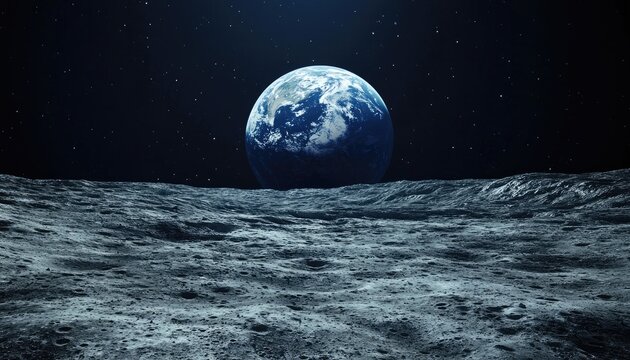 The earth appears above the lunar surface in outer space