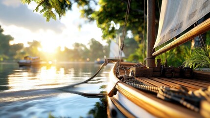 Wooden Sailboat at Sunset on a Calm River