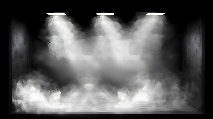 Illuminated Stage with Fog: A dramatic presentation, featuring a stage enveloped in atmospheric fog, illuminated by three powerful spotlights from above.