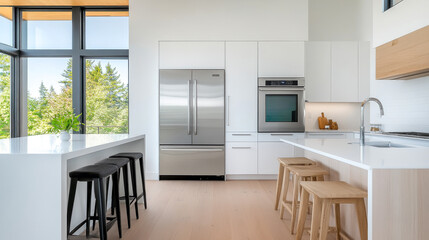 Fototapeta premium A modern kitchen featuring stainless steel appliances, a minimalist design, and large windows that offer a view of nature.
