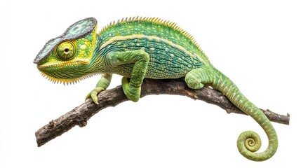 Obraz premium Chameleon on branch, isolated on white background. Possible stock photo use