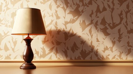 Wooden Table Lamp with Beige Lampshade Against Damask Wallpaper
