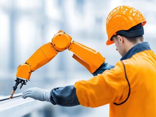 Worker in Orange Safety Gear Operating an Industrial Robot