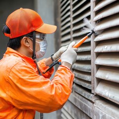 Worker in Orange Uniform Cleaning Industrial Ventilation System