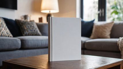 Copy space of blank white book on Rustic wooden table with blurred minimalist living room decor background for mock up, 3d model & rendering. 