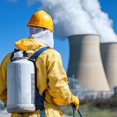 Worker in Protective Suit Spraying Near Nuclear Power Plant Towers