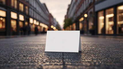 Copy space of a greeting card with blank cover displaying on the floor under blurred town street background for mock up, 3D model & rendering