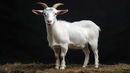 Fototapeta premium White Goat Standing on Hay, Studio Shot, Farm Animal
