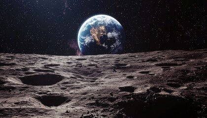The Earth is viewed from the surface of a grey moon