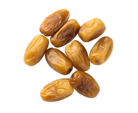 Fresh Sukkari Dates Dry Fruits, neatly arranged and isolated on a white transparent background cutout, highlighting their soft texture, caramel-like sweetness, and natural wrinkles in high resolution