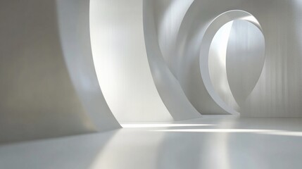 Abstract architectural interior design with smooth curved white walls and light play