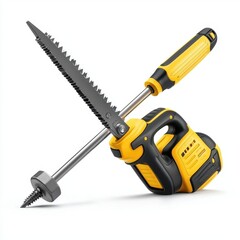 Yellow and Black Cordless Power Tool with Saw and Drill Bit
