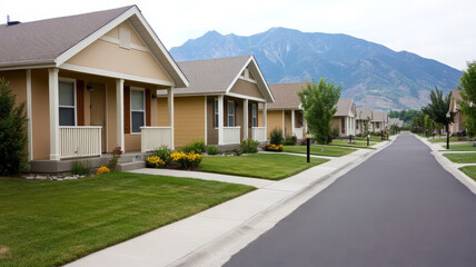Modern homes line peaceful street, surrounded by lush greenery and majestic mountains in background, creating serene atmosphere