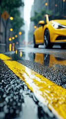 Yellow Car on Rainy City Street at Night