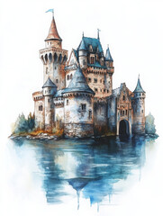 Fototapeta premium watercolor castle stands proudly, reflecting beautifully on water