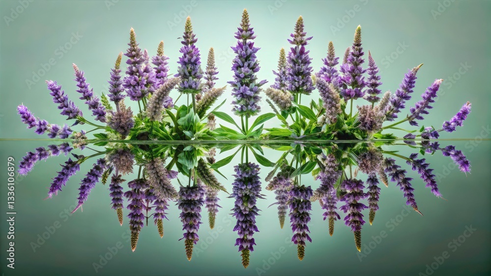 Poster vertical overview of salvia spikes with glass reflection on solid color backdrop for architectural p