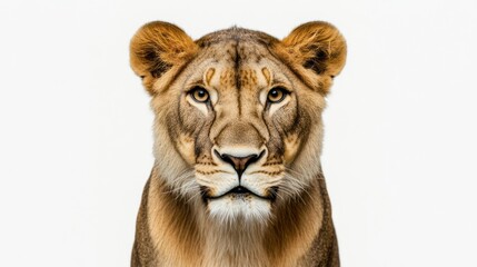 Close-up lioness portrait, neutral expression, studio shot, possible wildlife/nature background use