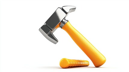 Yellow Handled Hammer and Nail on White Background