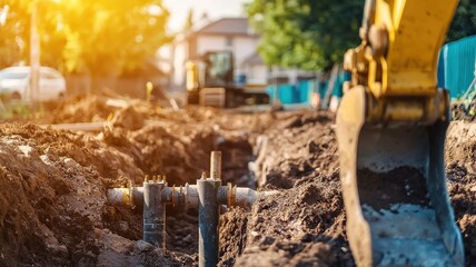 Construction site with underground plumbing system exposed before foundation pour, showcasing pipes, trench layout, and early infrastructure phase of building development.
