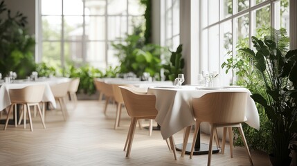 Fototapeta premium Modern restaurant interior with plants and big windows. Ideal for cafe, restaurant, and eatery stock photos