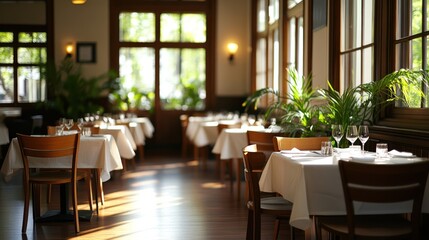 Fototapeta premium Sunny restaurant interior, tables set, windows, daylight. Possible use Stock photo for restaurant advertisement