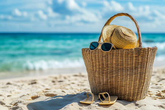Rattan beach bag with sunglasses, flip-flops, and sun hat on the sand by the sea in summer