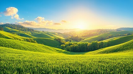 Fototapeta premium A serene landscape featuring rolling green hills under a bright sky at sunrise.