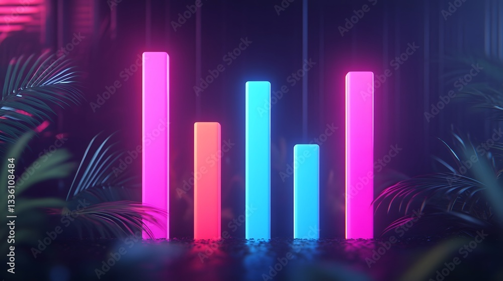 Poster futuristic neon-lit business intelligence data visualization with floating bar graphs