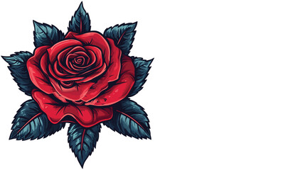 Scarlet Rose Vector: A vibrant red rose, surrounded by deep green leaves, elegantly presented as a vector illustration, evoking a sense of classic beauty and romanticism.